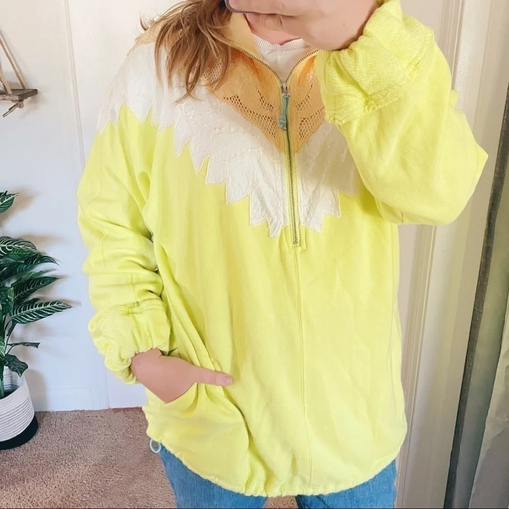 FREE PEOPLE ‘Isla’ Crochet Quarter Zip Pullover Yellow Green Size S - Picture 4 of 14